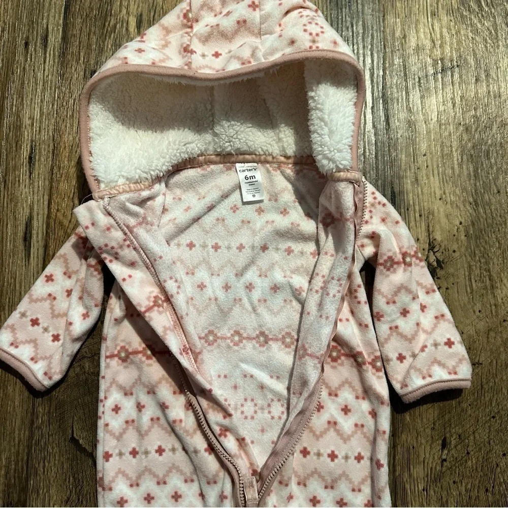 Carter’s Baby Girl Fleece Bunting 6M Pink Hooded Pram Snowsuit‎ One Piece